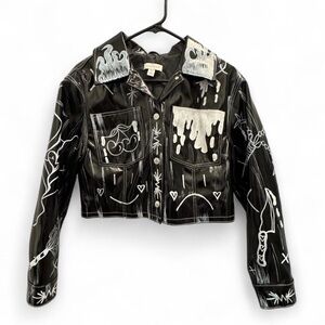 Hand-Painted Black Patent faux leather Cropped Jacket with White Art